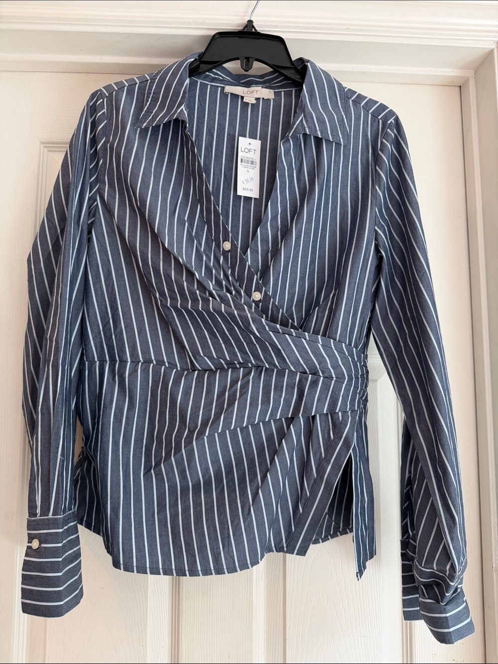 LOFT Navy and White Striped Wrap Button-Down Blouse 6 NWT
